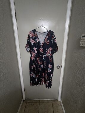 Wrap-Style Floral Midi Dress in Navy with Pink Blooms